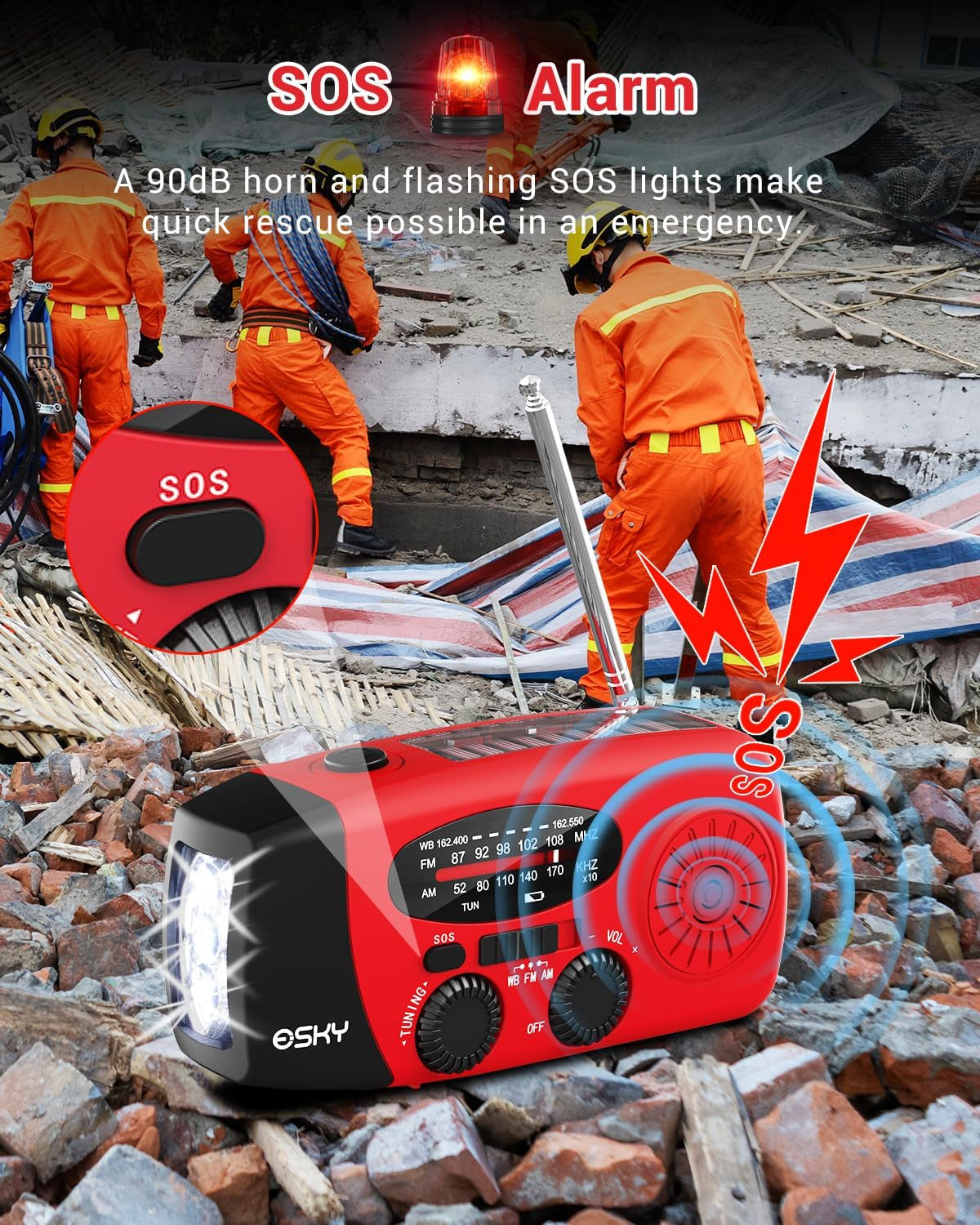 Emergency Hand Crank Radio with 3 LED Flashlight, AM/FM/NOAA Portable Weather Radio with 2000Mah Power Bank Phone Charger, Solar Powered USB Charged Radio for Indoor Outdoor Camping, SOS Alarm