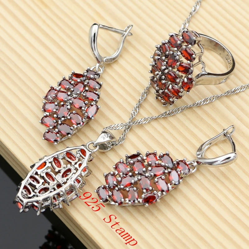 Natural Red Garnet Beads 925 Sterling Silver Jewelry Set for Women Wedding Bohemian Earring Birthstone Necklace Set Dropshipping