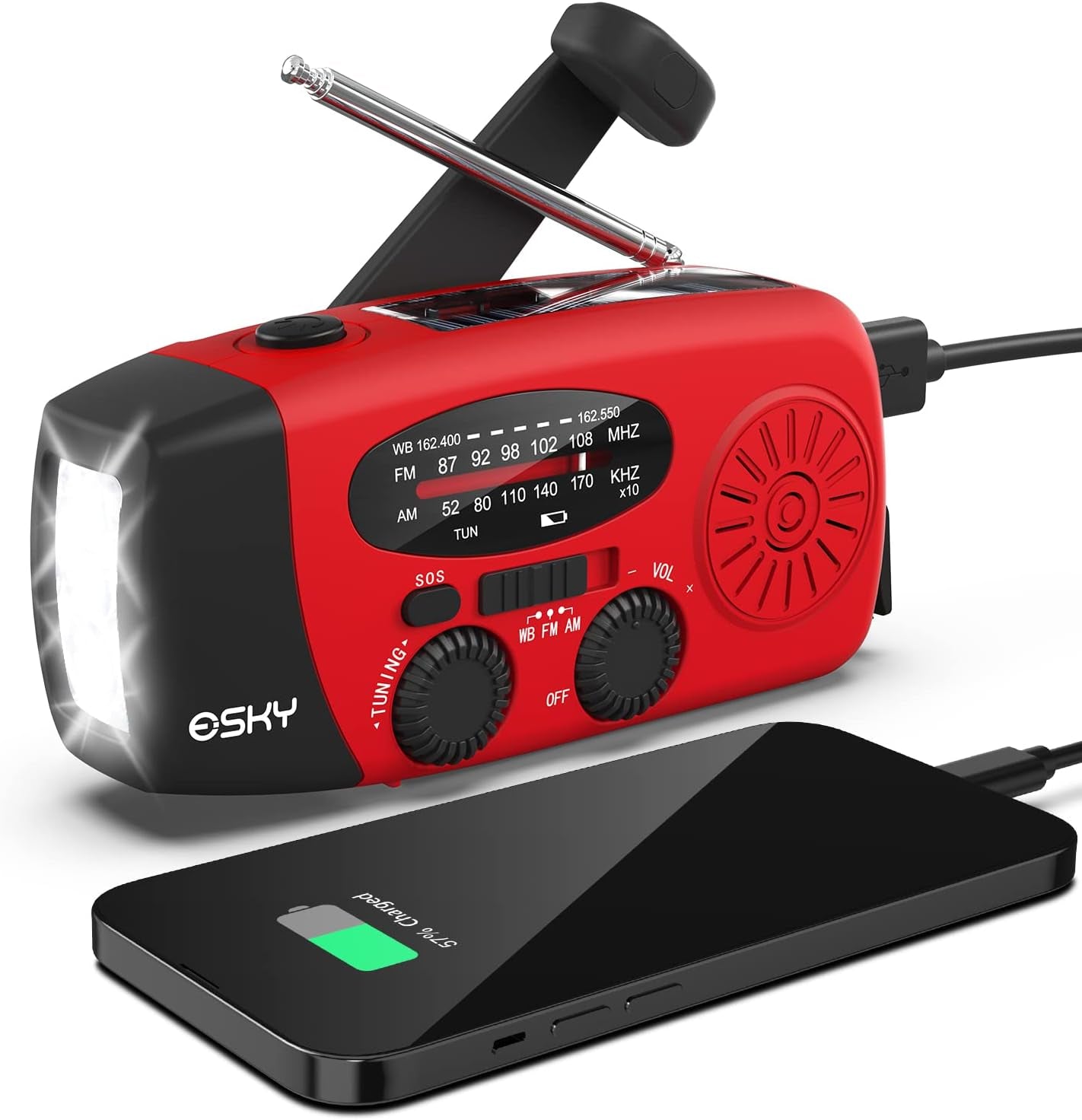 Emergency Hand Crank Radio with 3 LED Flashlight, AM/FM/NOAA Portable Weather Radio with 2000Mah Power Bank Phone Charger, Solar Powered USB Charged Radio for Indoor Outdoor Camping, SOS Alarm