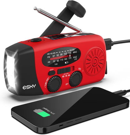 Emergency Hand Crank Radio with 3 LED Flashlight, AM/FM/NOAA Portable Weather Radio with 2000Mah Power Bank Phone Charger, Solar Powered USB Charged Radio for Indoor Outdoor Camping, SOS Alarm